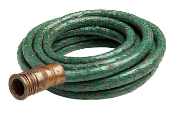 Green garden hose coiled with brass connector for outdoor watering tasks