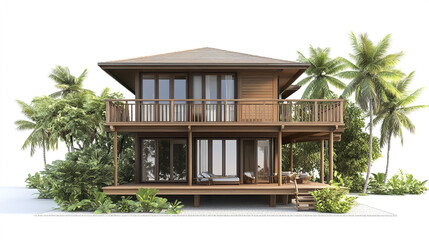 Fototapeta premium Wooden house with tropical plants and palm trees, resort style design