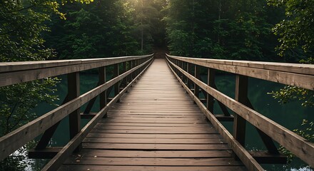 Fototapeta premium Wooden Bridge Pathway: Serene Forest Landscape Photography