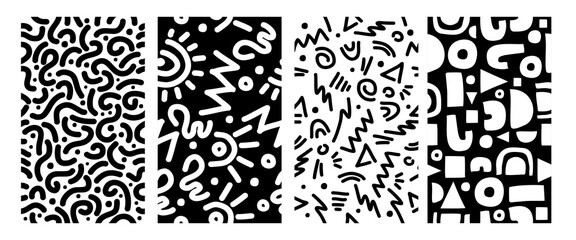 Set of trendy Memphis geometric patterns. Modern basic shapes arrow, triangle, circle, zigzag, spiral, wavy lines. Cool abstract background, retrostyle. Cute kid doodle design