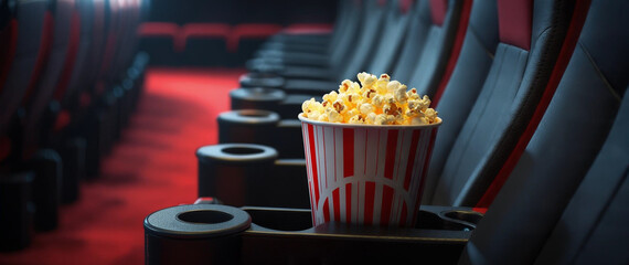 映画館のダークな座席とドリンクホルダーに置かれたポップコーン - 映画鑑賞、エンターテイメント、プレミアムシートのクローズアップ