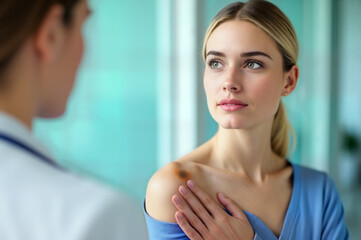 Young blond woman at the doctor's appointment. On the woman's shoulder is a brown spot - melanoma.