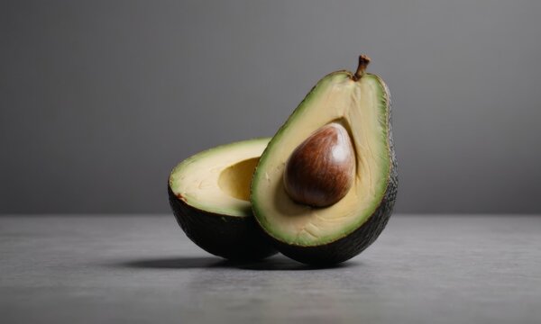 Freshly cut avocado halves on a neutral surface showcasing vibrant green flesh and brown pit, ideal for healthy meals or snacks
