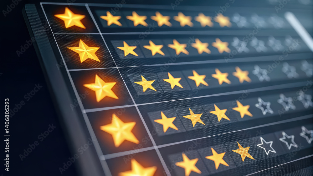 Poster visual representation of rating system featuring stars that convey sense of evaluation and feedback,