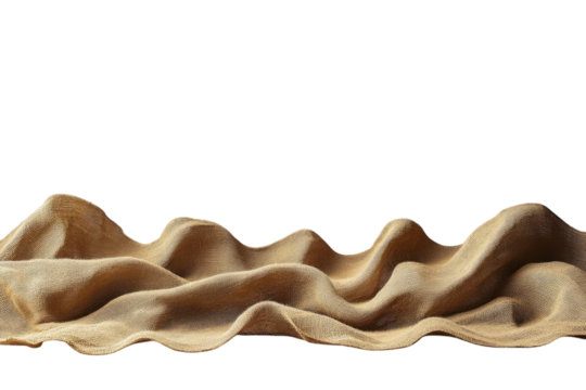 Textured beige fabric draped gracefully in a soft wave pattern on white background