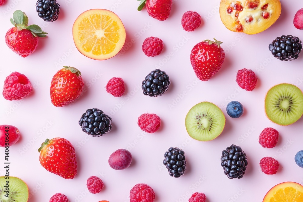 Poster vibrant array of fresh fruits and berries artfully arranged on a soft pastel background