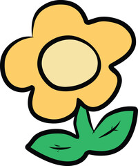 An outlined artistic depiction of a cheerful yellow flower with green leaves,perfect for creative projects and children's themes.The bright colors convey happiness,positivity in a minimalistic style.