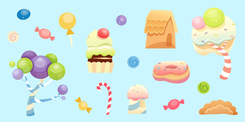 Candy land background with sweets and desserts. Lollipop, candy cane, cupcake, donut, candy trees, gingerbread house, colorful candies, ice cream, and candy decorations. Cartoon vector illustration