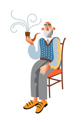 An elderly man with a white beard sits comfortably in a chair, holding a smoking pipe with curling smoke above. He sports a blue vest and yellow shoes, creating a warm and relaxed atmosphere.