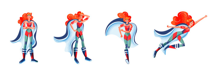 Superhero woman in red and blue costume with cape. Set of powerful poses: standing, searching, ready to fight, and flying. Vector illustration of cartoon female hero isolated on white background.