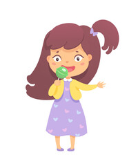 A happy girl with long, wavy brown hair is smiling widely as she enjoys a green lollipop. She wears a purple heart-patterned dress and a yellow cardigan, radiating joy in a colorful cartoon world.