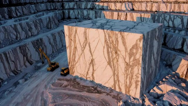 Huge marble block extracted in a quarry at sunset