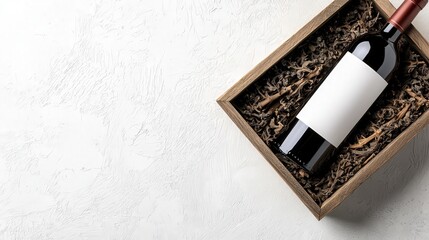 Red Wine Bottle in Wooden Box with Blank Label Mockup