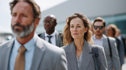 Businesspeople confidently stroll out of a modern office building, engaging in conversation and exchanging ideas as they navigate the bustling urban environment