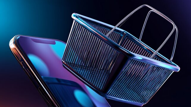 Holographic basket and phone floating in the air, showing a mobile online shopping experience. 