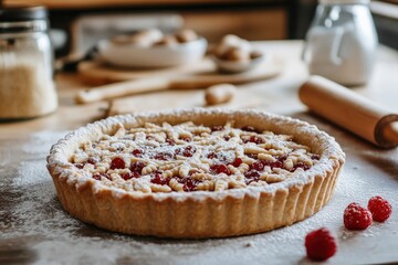 Freshly baked raspberry crumble pie on a kitchen table.