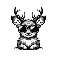 black and white deer wearing sunglasses hand drawn illustration