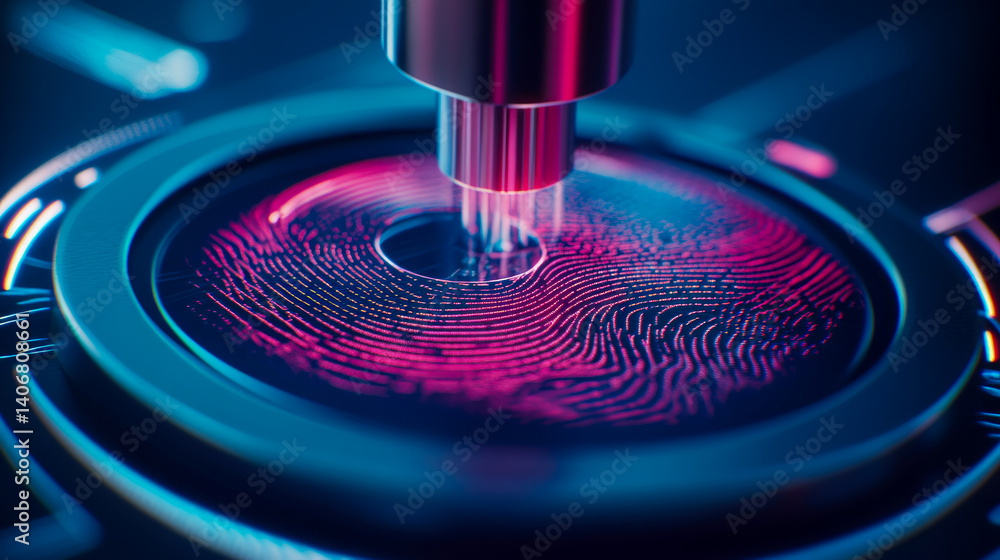 Poster digital fingerprint scan: futuristic biometric security access system