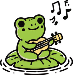 Frog Playing Ukulele. Cartoon Illustration.