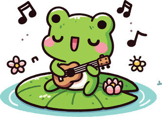 Frog Playing Ukulele. Cartoon Illustration.