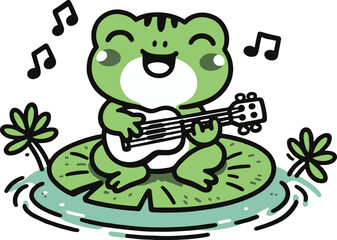 Frog Playing Ukulele. Cartoon Illustration.