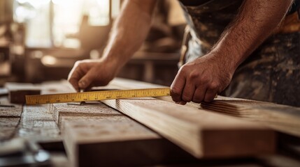 Carpenter measuring wood for furniture in a workshop. Featuring woodworking skills