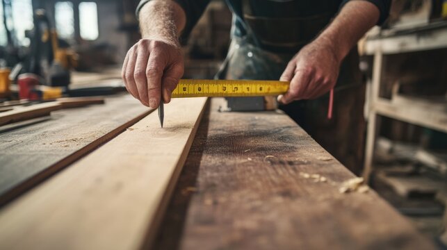 Carpenter measuring wood for furniture in a workshop. Featuring woodworking skills