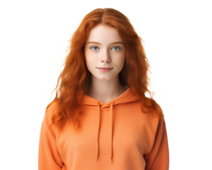 beautiful young redhead teenager girl with orange pullover on a transparent background