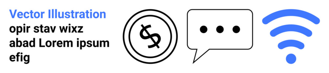 Dollar coin, speech bubble with dots, and wireless signal in minimalistic design. Ideal for communication, connectivity, finance, tech innovation, digital interaction, networking abstract line flat