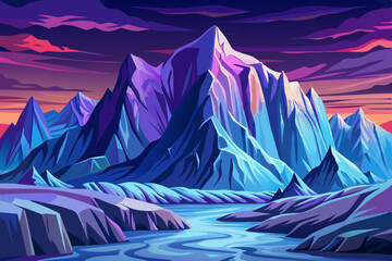 Majestic mountain peaks vector and turquoise glaciers glistening under a purple sky, Simple cartoon design Flat style illustration, winter landscape