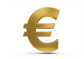A golden euro symbol standing upright on a white surface with a subtle shadow beneath it shining brightly