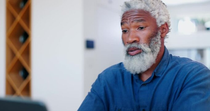 Home, thinking and old man with stress, laptop and planning with debt, mental health and depression. Pensioner, apartment and elderly guy with a pc, decision and choice with retirement and anxiety