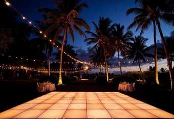 Outdoor dance floor illuminated under palm trees at sunset  