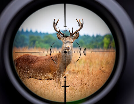 A male deer seen through the scope of a hunting rifle