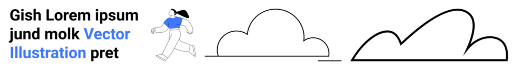 Person in casual outfit jogging alongside two outlined cloud shapes. Ideal for fitness, health, environment, minimalism, outdoor activity, lifestyle, and simple landing page