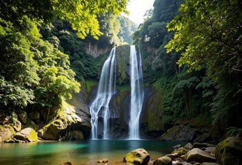 Majestic waterfall cascading into serene pool surrounded by lush greenery  