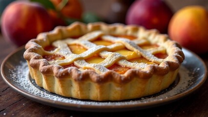Delicious peach tart garnished with powdered sugar and fresh peaches on a wooden table
