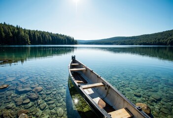 Obraz premium Serene canoe floating on calm lake surrounded by lush forest 
