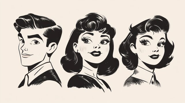 Vintage style black and white illustration of three people's head and shoulders, featuring a man and two women with classic 1940s or 1950s hairstyles and expressions.
