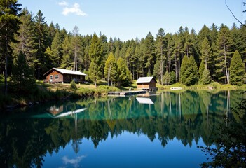 Fototapeta premium Tranquil lake reflecting serene cabins in a forest setting 