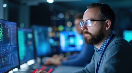 Focused software engineer manages cybersecurity protocols and data sync in a dynamic tech environment, surrounded by AI research teams.