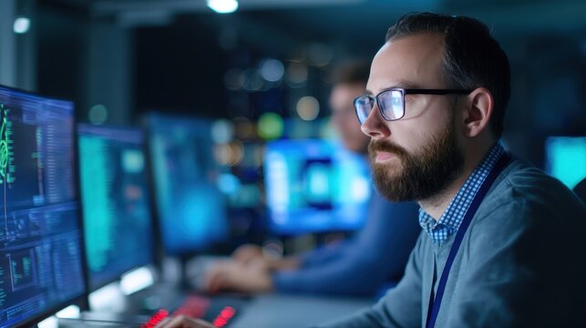 Focused software engineer manages cybersecurity protocols and data sync in a dynamic tech environment, surrounded by AI research teams.