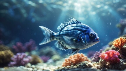 Obraz premium A vibrant blue fish with distinctive yellow spots and a yellow-fringed fin is shown in close-up.