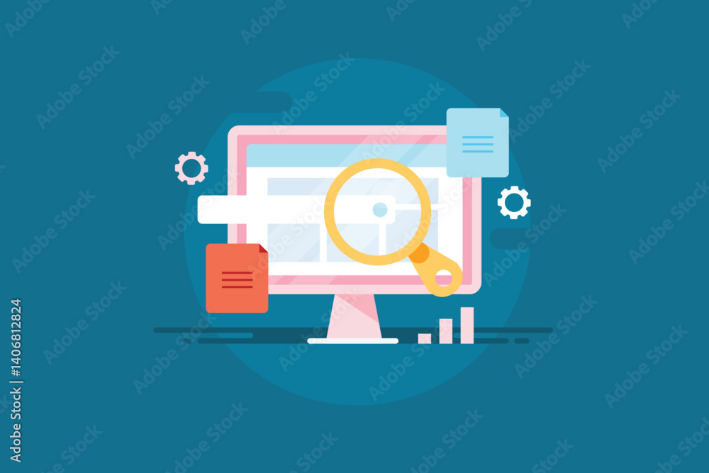 Poster scanning file and search document on computer concept.