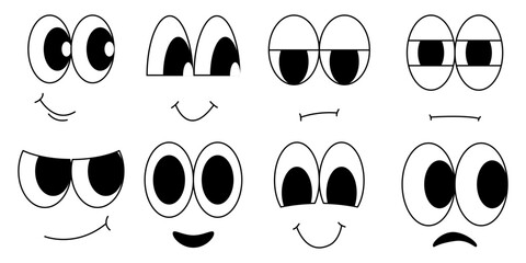 Retro cute cartoon character face set isolated on white background. Black and white style animation art. 50s mascot facial expression graphic