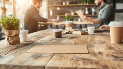 Team members share ideas and collaborate in a warm cafe environment, enhancing their project creativity over cups of coffee and snacks