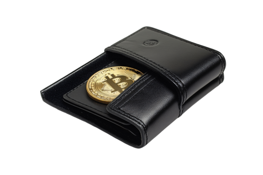 Isolated Black Wallet with Bitcoin