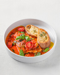 A bowl of lasagna soup with a rich tomato broth, cherry tomatoes, fresh basil, and toasted bread slices. Served in a white bowl on a textured light grey background. A comforting and hearty Italian