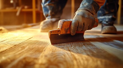 Carpenter sanding a wooden surface in a workshop. Featuring woodworking techniques