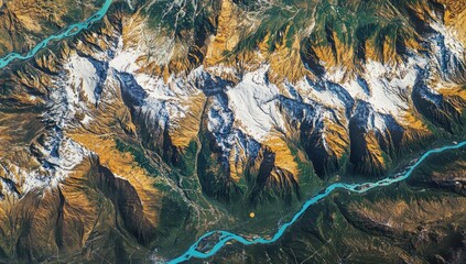 A satellite view of the green and brown landscape with snow on the mountains